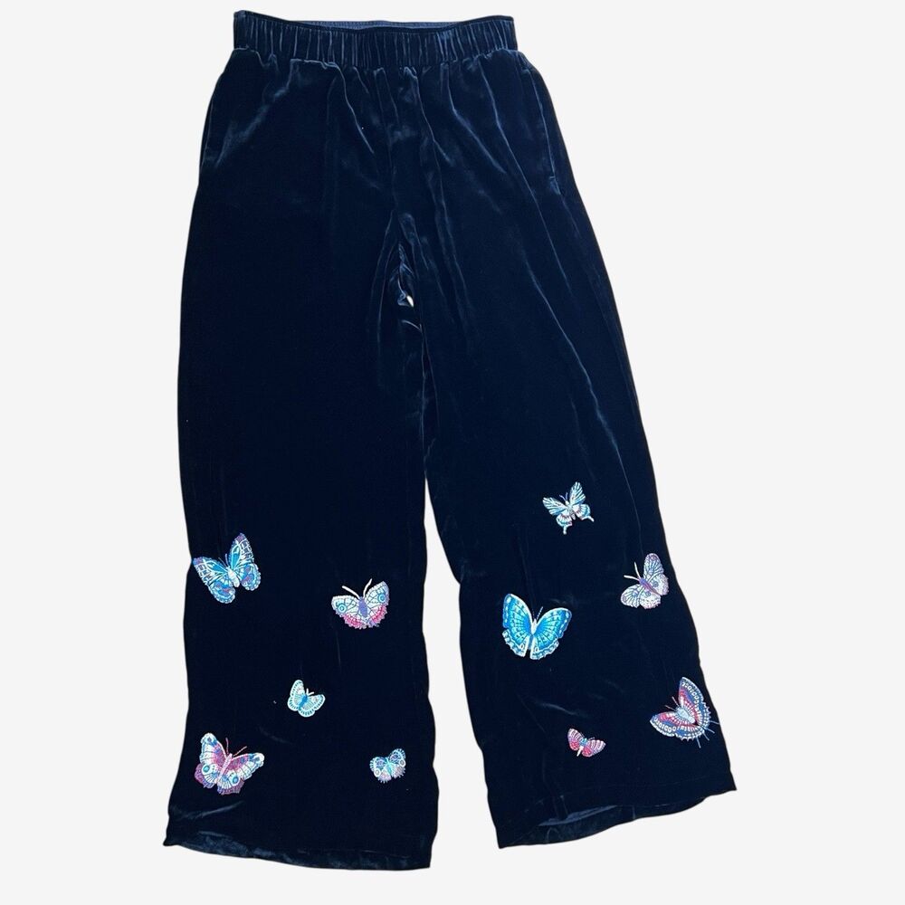 Johnny Was Luciana wide leg pant XS Black Velvet embroidered butterflies